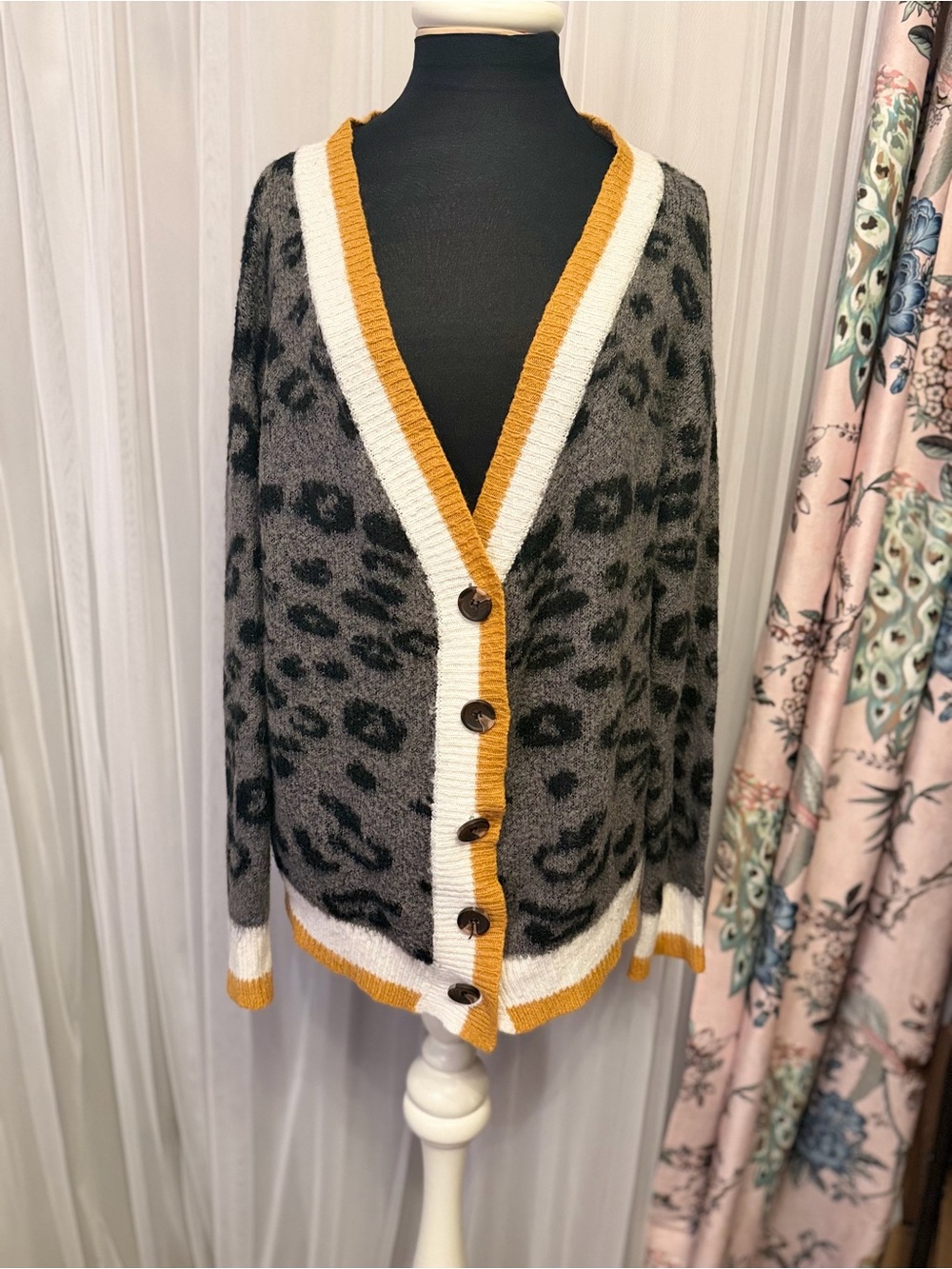 HYFVE Leopard Print Colorblock Cardigan Sweater Size M Gray Mustard Cream